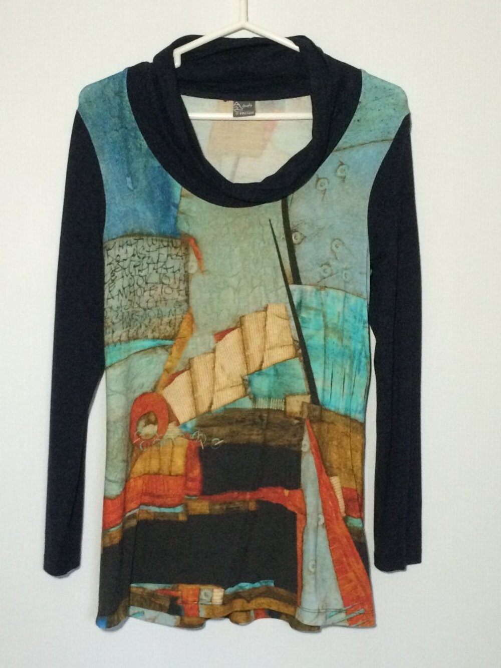 Simply Art by Dolcezza Womens Tunic Top Small Multicolor Artsy Print Cowl Neck